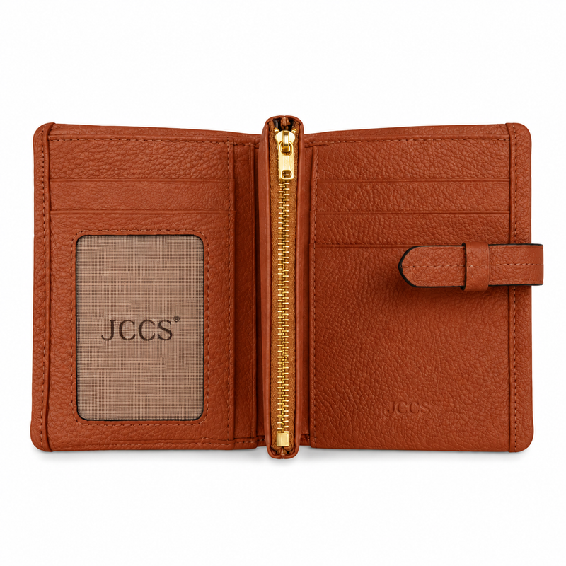 JCCS Women's Genuine Leather Long Bifold Wallet with Central Zip Coin